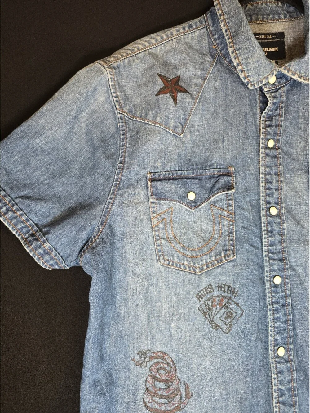 EUC True Religion Graffiti Distressed Denim Button up Shirt Size XL